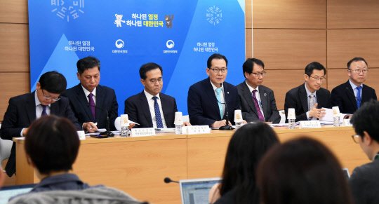고형권 기획재정부 차관이 지난 14일 정부세종청사에서 열린 청년 일자리 대책 관련 사전브리핑에 참석해 모두 발언을 하고 있다. 왼쪽부터 임서정 고용부 고용정책실장, 김현기 행안부 지방재정경제실장, 이찬우 기재부 차관보, 고 차관, 김영철 교육부 기획조정실장, 박건수 산업부 산업정책실장, 석종훈 중기부 창업벤처혁신실장. 기획재정부 제공=연합뉴스